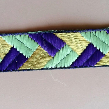 Purple / Fuchsia Pink, Green And Gold Embroidered Trim, Geometric Pattern